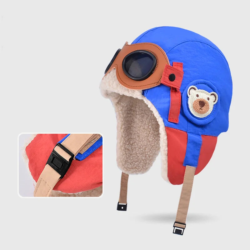 Winter Kids Skiing Hat with Detachable Goggles Kids Beanie Protect Ears Fleece Lining Children Bonnet Cap for Boys Girls 4-12Y