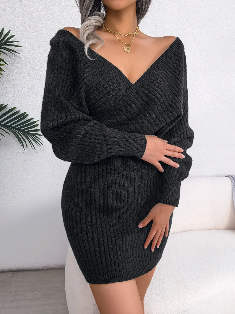 Autumn Winter Casual Sexy Cross V Neck Batswing Sleeve Dress for Women Solid Color Wrap Hip Woolen Dress