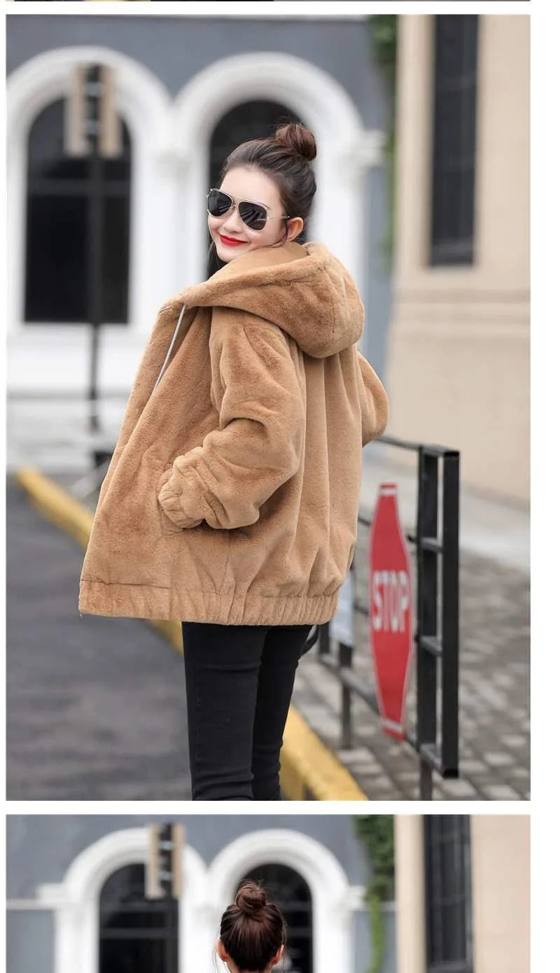 Women's Flannel Hooded Coat - Mid-Length Plush Jacket, Winter Fleece-Lined Warm Outerwear