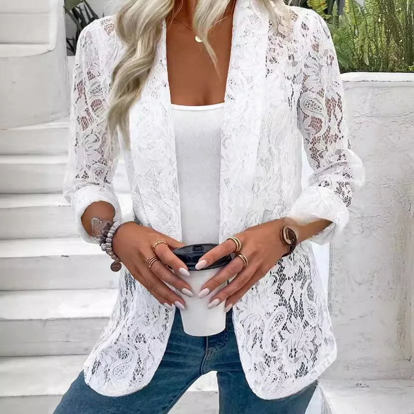 Women's New Spring/summer Stylish Small Suit  Solid Color Lace Hollow-out Long-sleeved Lapel Shirt Jacket Cardigan Suit Soat