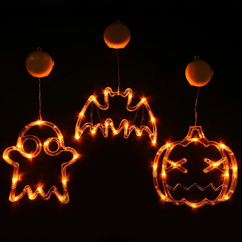Halloween Orange Window Light Orange Pumpkin Ghost Witch Hat Design LED Sucker Lamp Bar Home Party Hanging Decor Without Battery