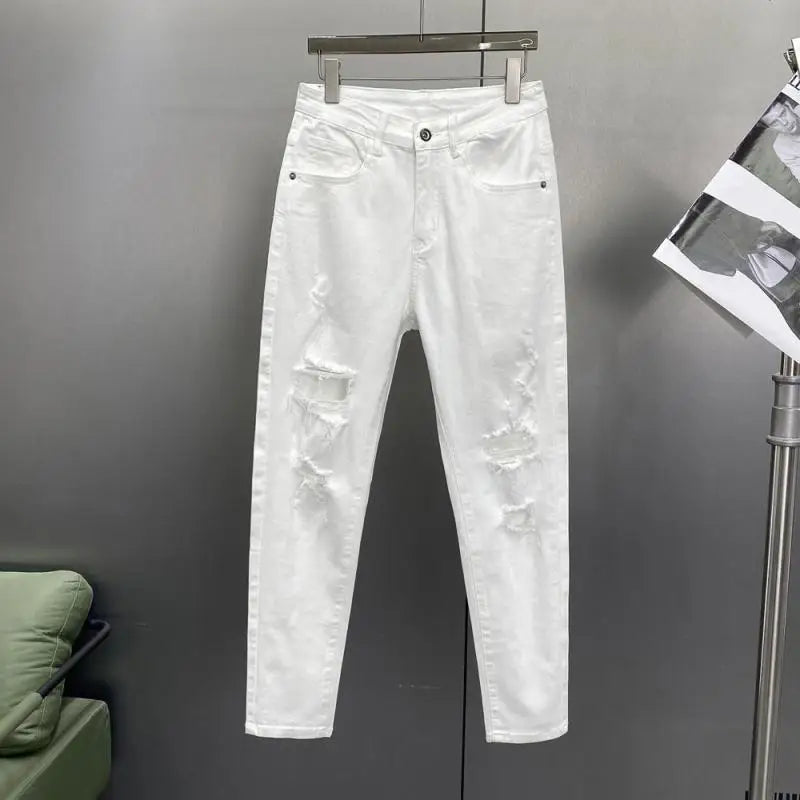 Ripped Jeans Men's Summer Thin Casual Elastic Versatile White Jeans Men's Korean Trendy Pants denim men clothing cargo pants