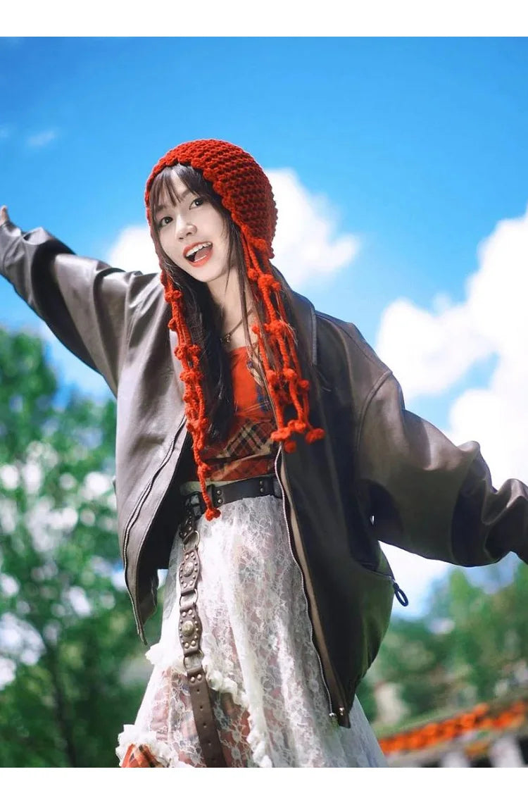 Winter Travel Red Hollow Knit Beanie Fashion Hat with Tassel Tie for Women Cold Weather Accessory