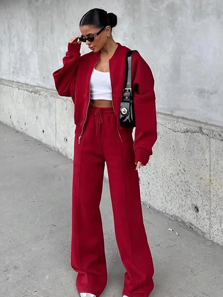 Women Sweatsuit Set Vintage O-neck Zipper Bomber Jackets High Waist Loose Pants Suit Female 2025 Spring Fashion Lady Sportswear