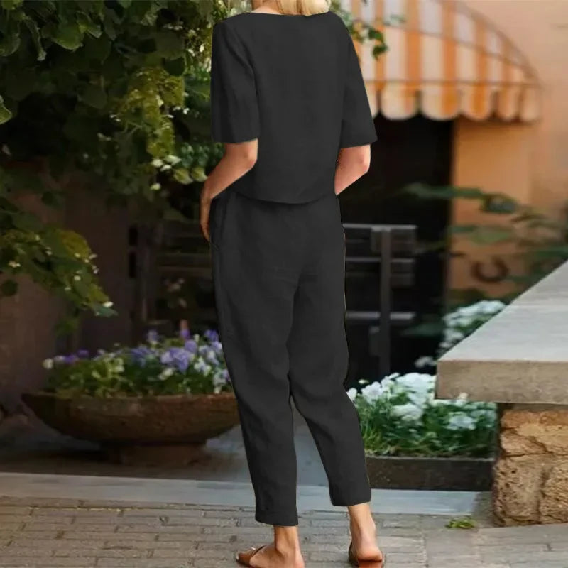 Women's Cotton Linen Suit Summer Matching Suit Half-sleeved Round Neck Tie Elastic Waist Trousers Wide-leg Pants Retro Suit
