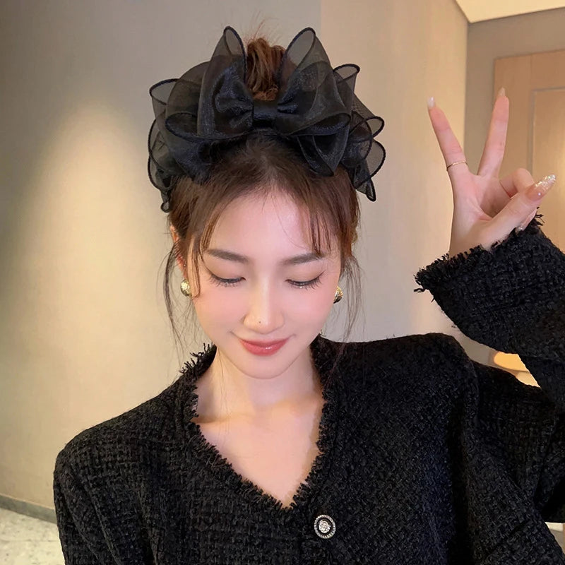 Women Originality Ruffled Edge Stylist Accessories Hair Hoop Fashion Korea Retro Black Mesh Big Bow Headband Hair Accessories