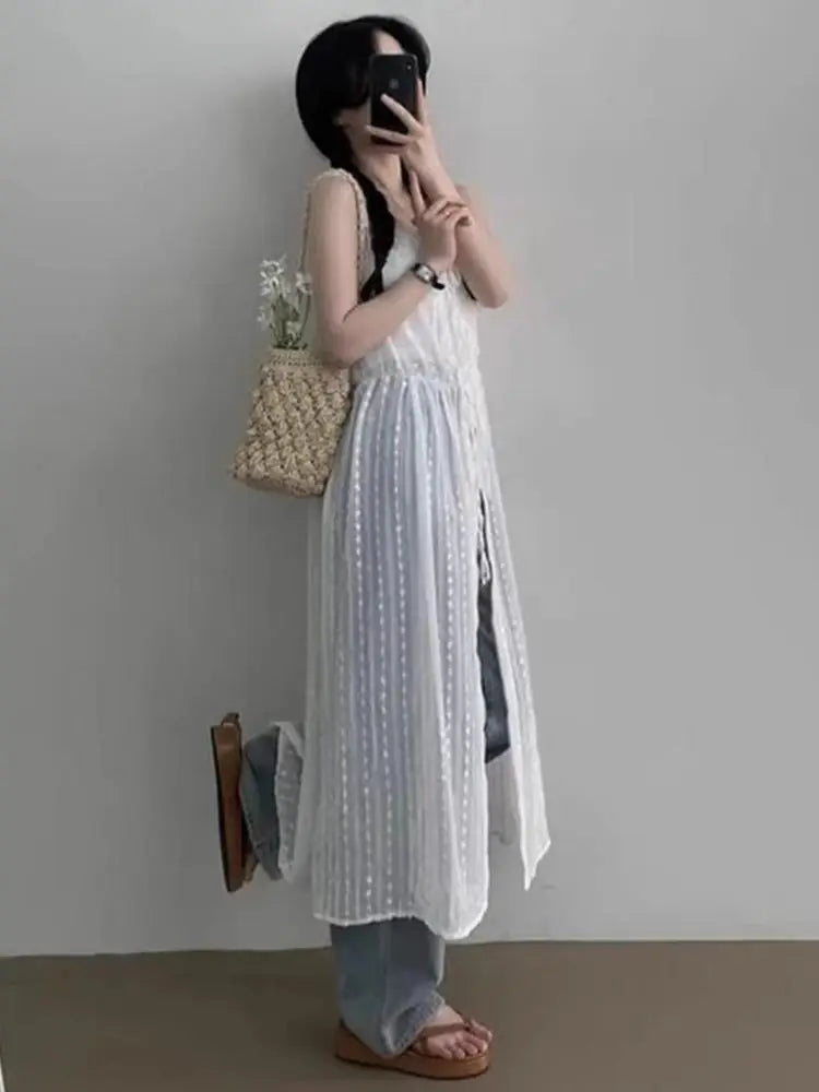 Embroidered Dress for Women in Summer Thin Lace up Layered Vest Long Cover Skirt