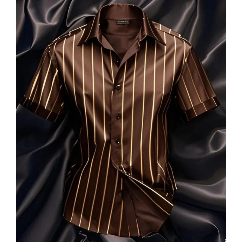 Men's fashion striped shirt, elegant casual comfortable breathable, short sleeves, lapel buttons, soft and comfortable material