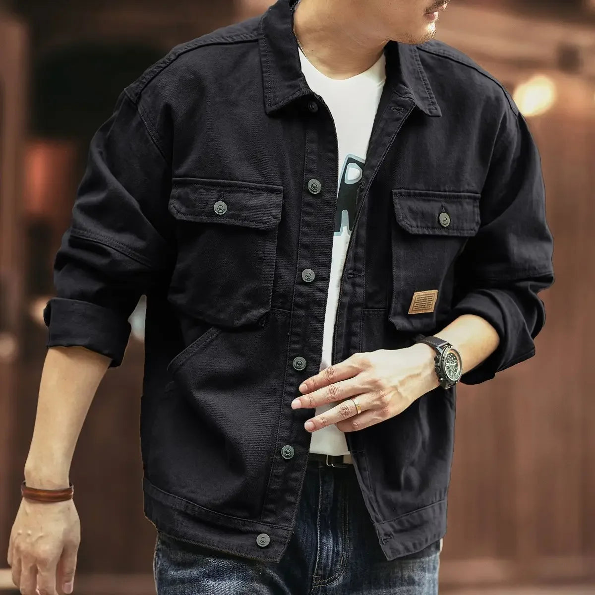 High end work jacket, men's spring and autumn trendy brand, loose American retro lapel jacket, casual and handsome denim jacket