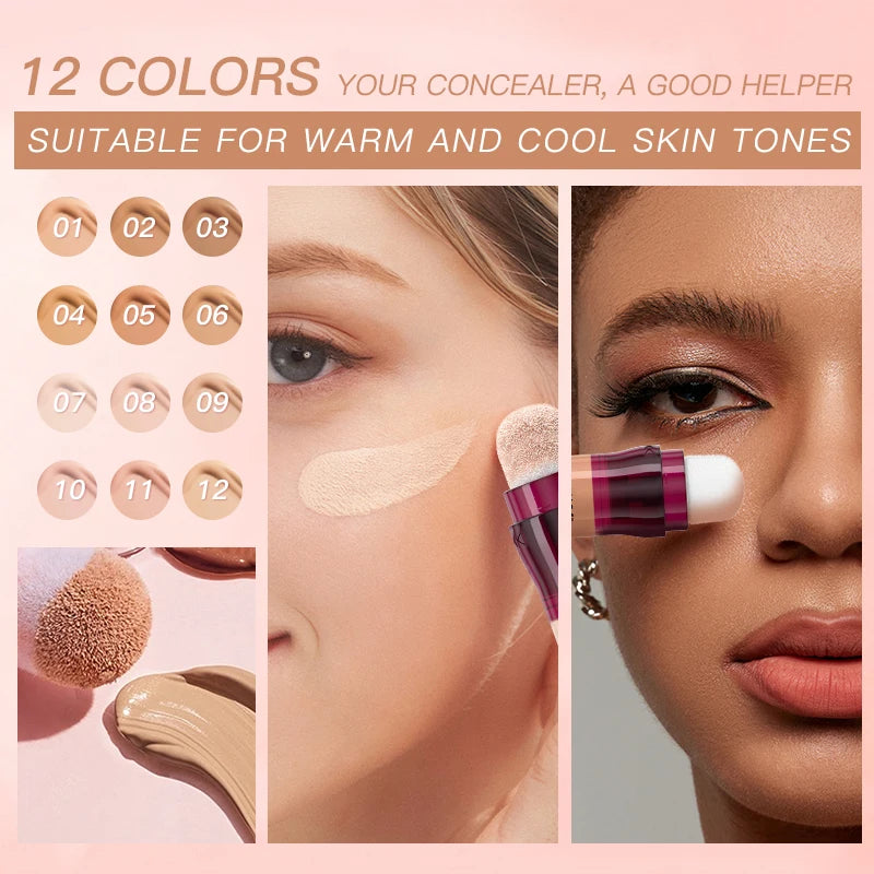 USHAS 12 Color Liquid Concealer Moisturizing Rotating Sponge Head Concealer Long Lasting Lightweight Multi-use Foundation Makeup