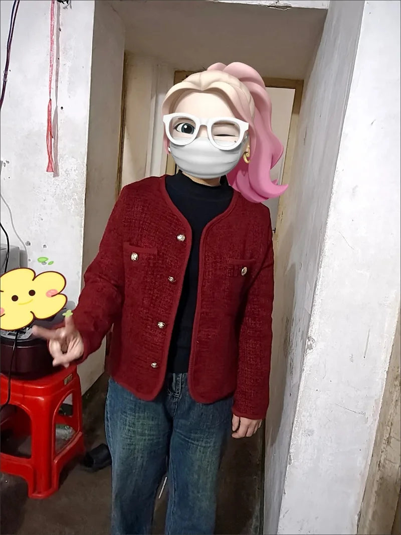 Wine red Coat Women Xiaoxiangfeng Jacket  Autumn and Winter New Short Jackets Elegant Women's Top