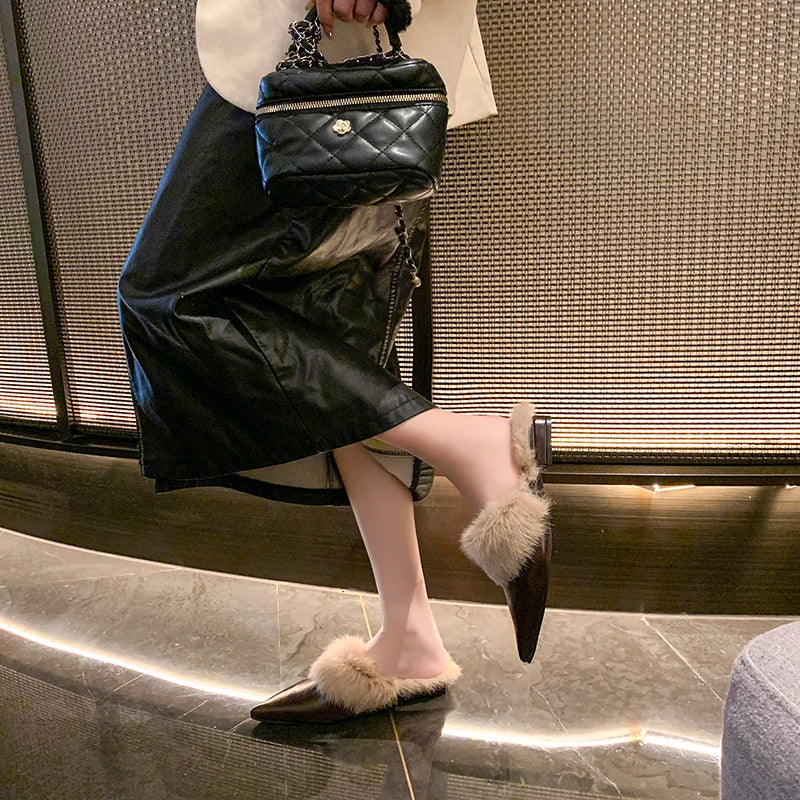 2025 New Shoes for Women House Slippers Platform Fur Flip Flops Slides Loafers Cover Toe Low Plush New Flat Basic Женская Обувь