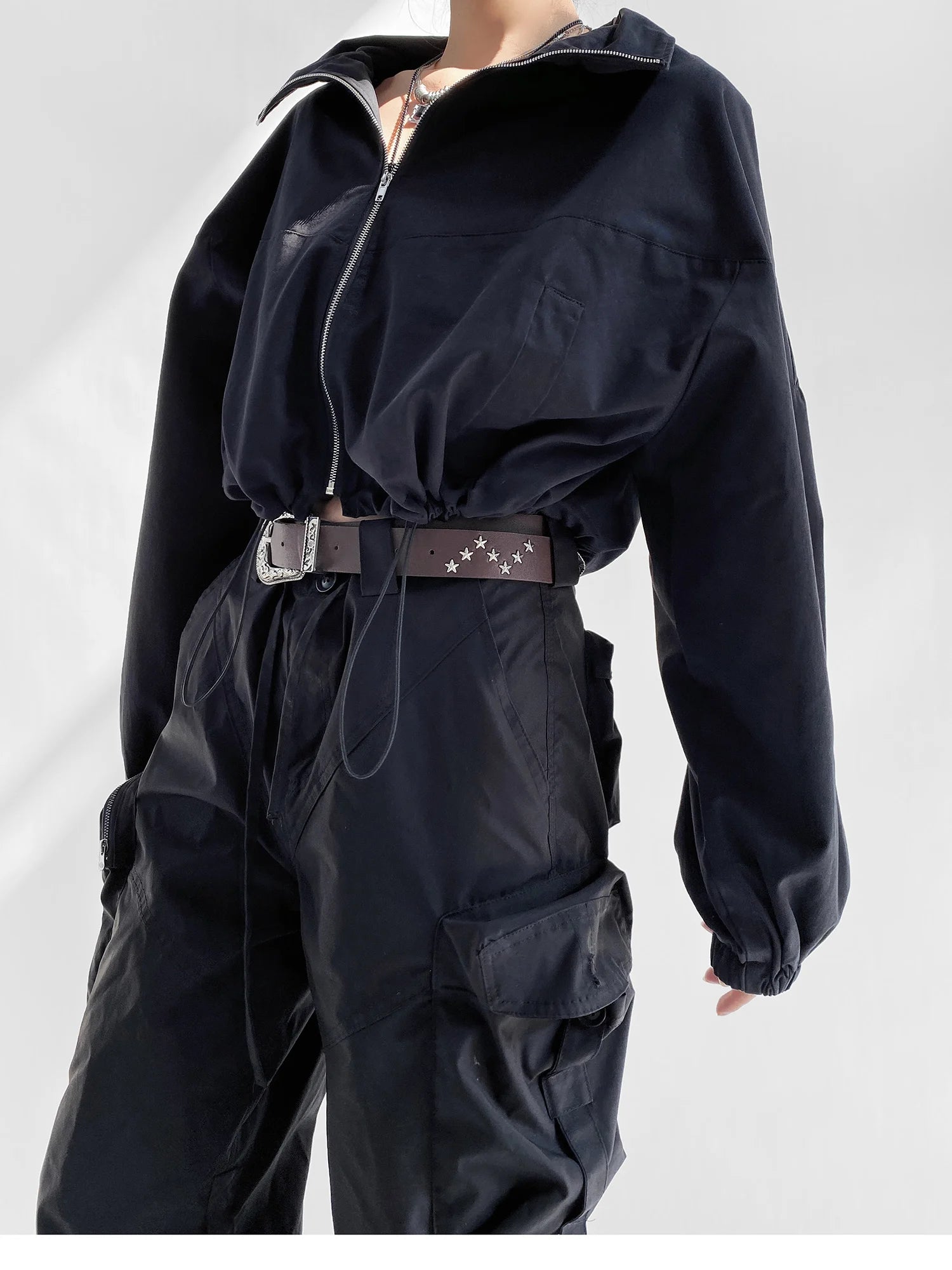 Women's Cropped Utility Jacket - Drop Shoulder Drawstring Hem Ribbed Cuffs Lightweight Cotton