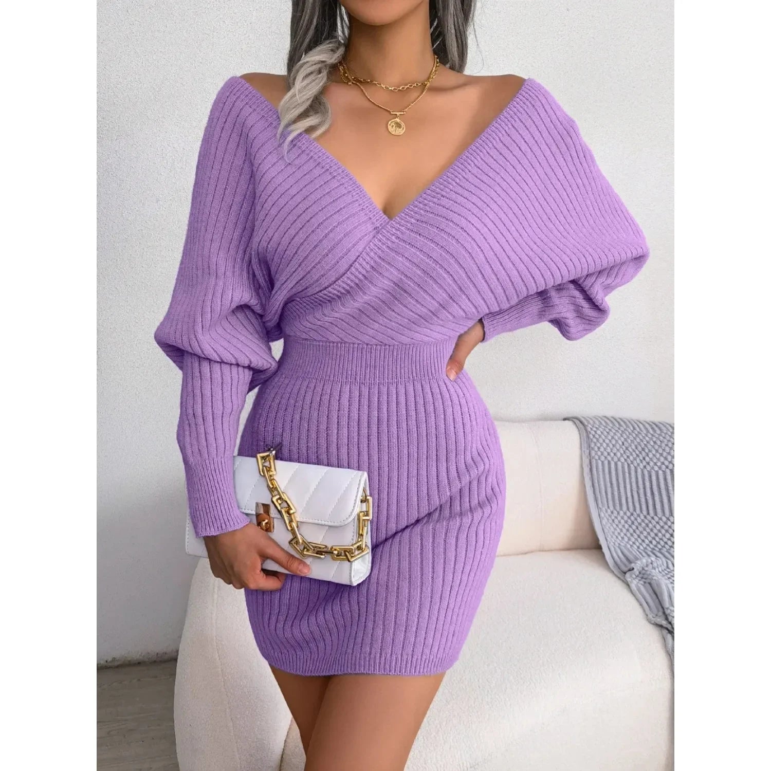 Autumn Winter Casual Sexy Cross V Neck Batswing Sleeve Dress for Women Solid Color Wrap Hip Woolen Dress