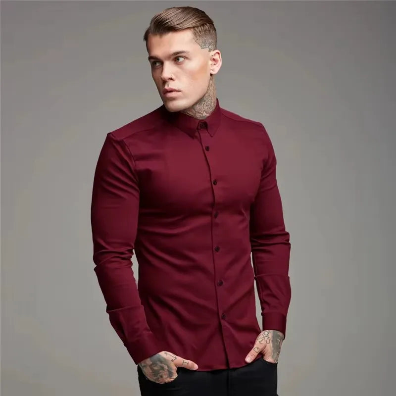 Men's Shirt Fashion Full Sleeve Shirt Men's Muscle Casual Slim-fit Business Dress Solid Color Shirt Men's Gym Fitness Men Shirt