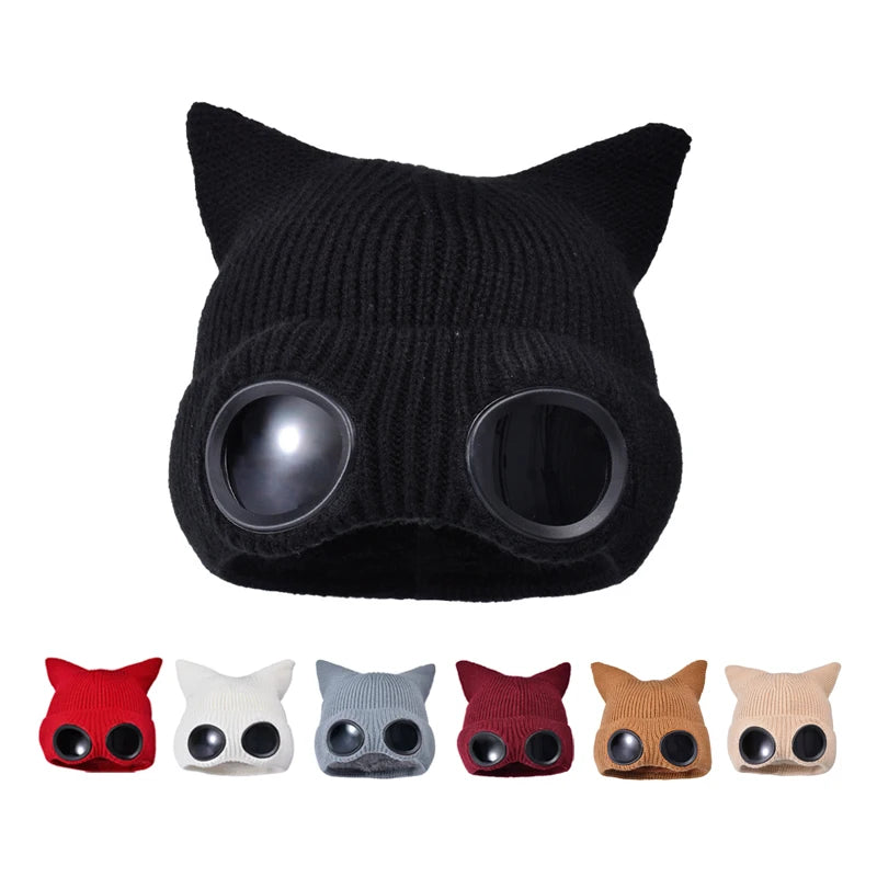 Autumn Winter Glasses Knitted Hat Women Men Velvet Warm Beanie Outdoor Ear Protection Cat Ear Pullover Ski Cap Garros