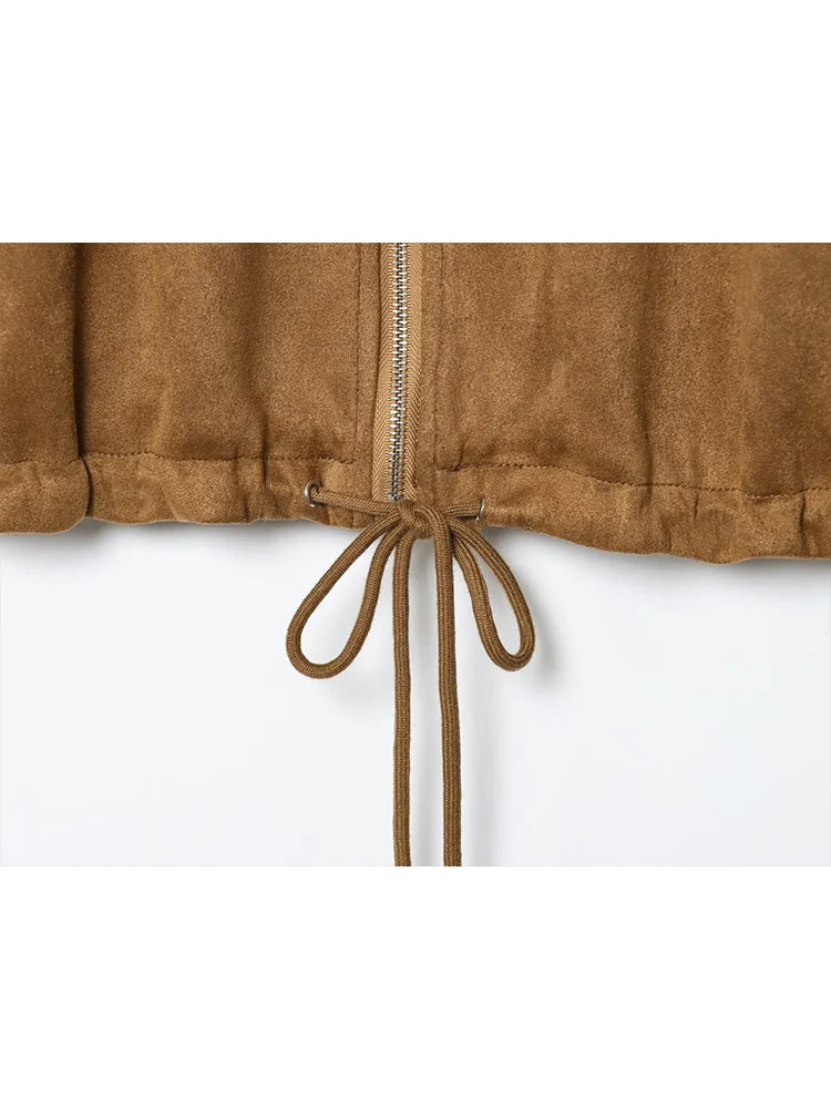 Women's Jacket New 2025 Long Sleeve Suede Drawstring Design Short Jacket Casual Fashion Personality Versatile Lapel Coat
