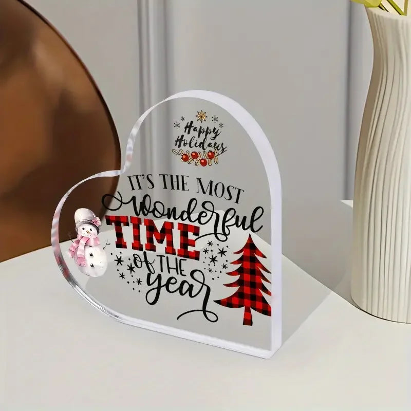 Acrylic Christmas Decoration Sign, Heart-Shaped with Snowman & Tree, 