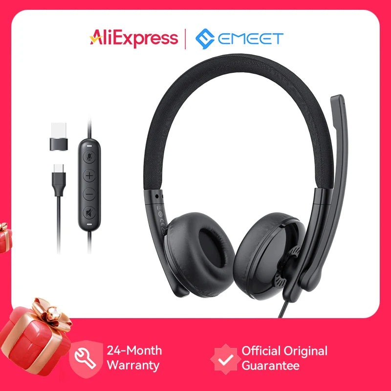EMEET Wired Headset with Microphone Call Center USB Headphones ENC Noise Cancelling Office Cable Earphones for Phone/PC Computer