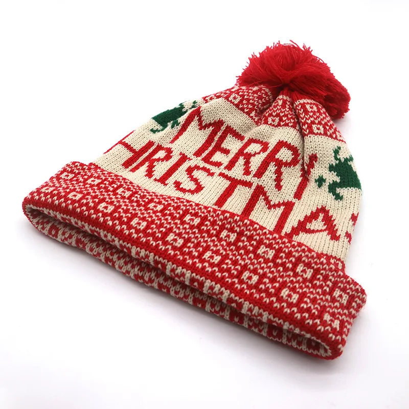 Winter Fashion Christmas Hat Santa Claus Hairball Hat Jacquard Knitted Christmas Hat Warm Ear Protector Wool Hat