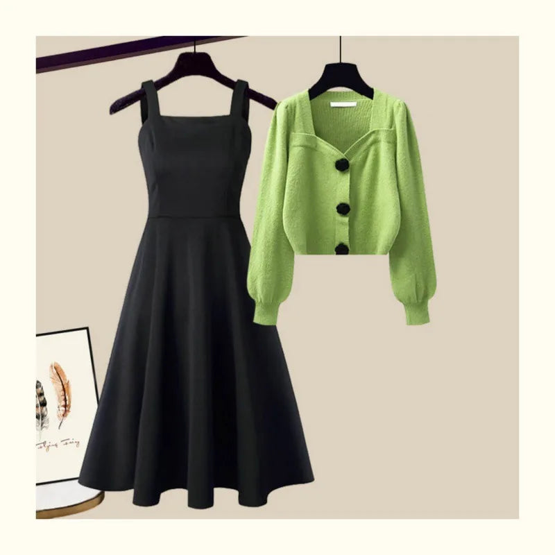 Autumn Winter Knitting Dresses Set Women High Street Slim Long Dress + Cardigan Female Outfits Elegant Sweater Two Piece Suit