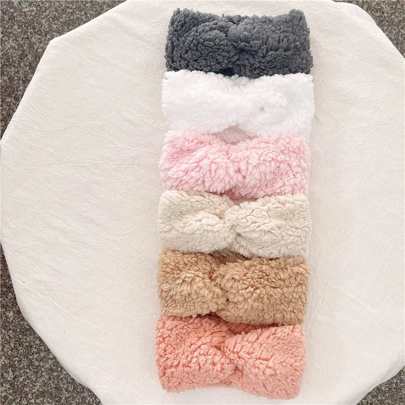 Winter Headband for Mother Girls Hair Accessories Teddy Fabric Head Wrap Soft Twist Knot Turban Ear Warmer Vintage Hairbands