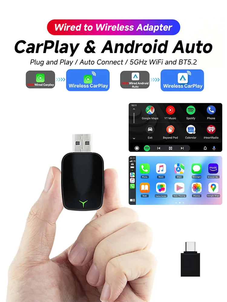 New Wired To Wireless Carplay Android 2 In 1 Automatic Adapter Car Gadget Smart Box Plug and Play 5Ghz Wifi Fast Connection
