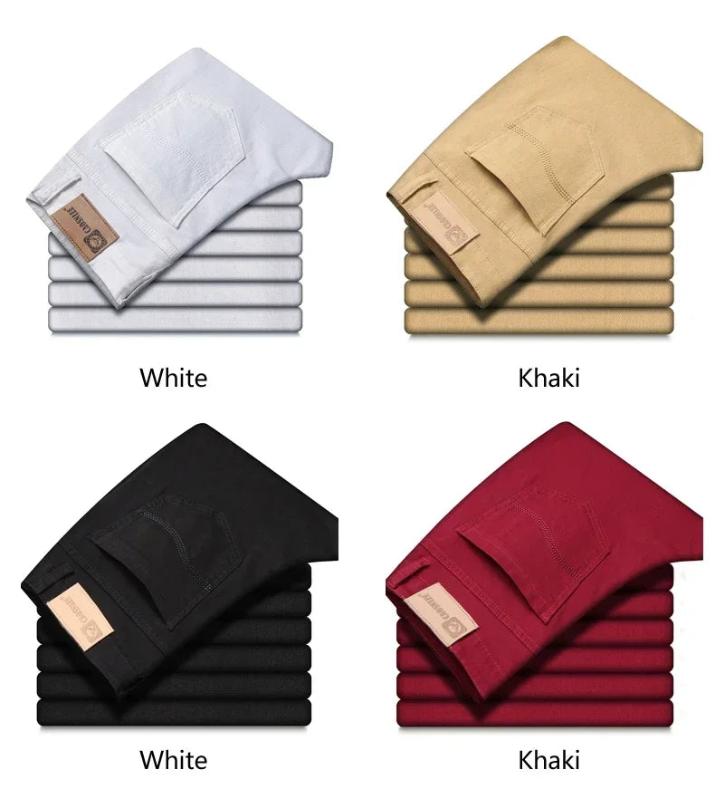 Men's Jeans Pure White Fashion Elastic Slim Youth Slimming Straight Leg Male Pants Business Casual Middle Age High End Trousers