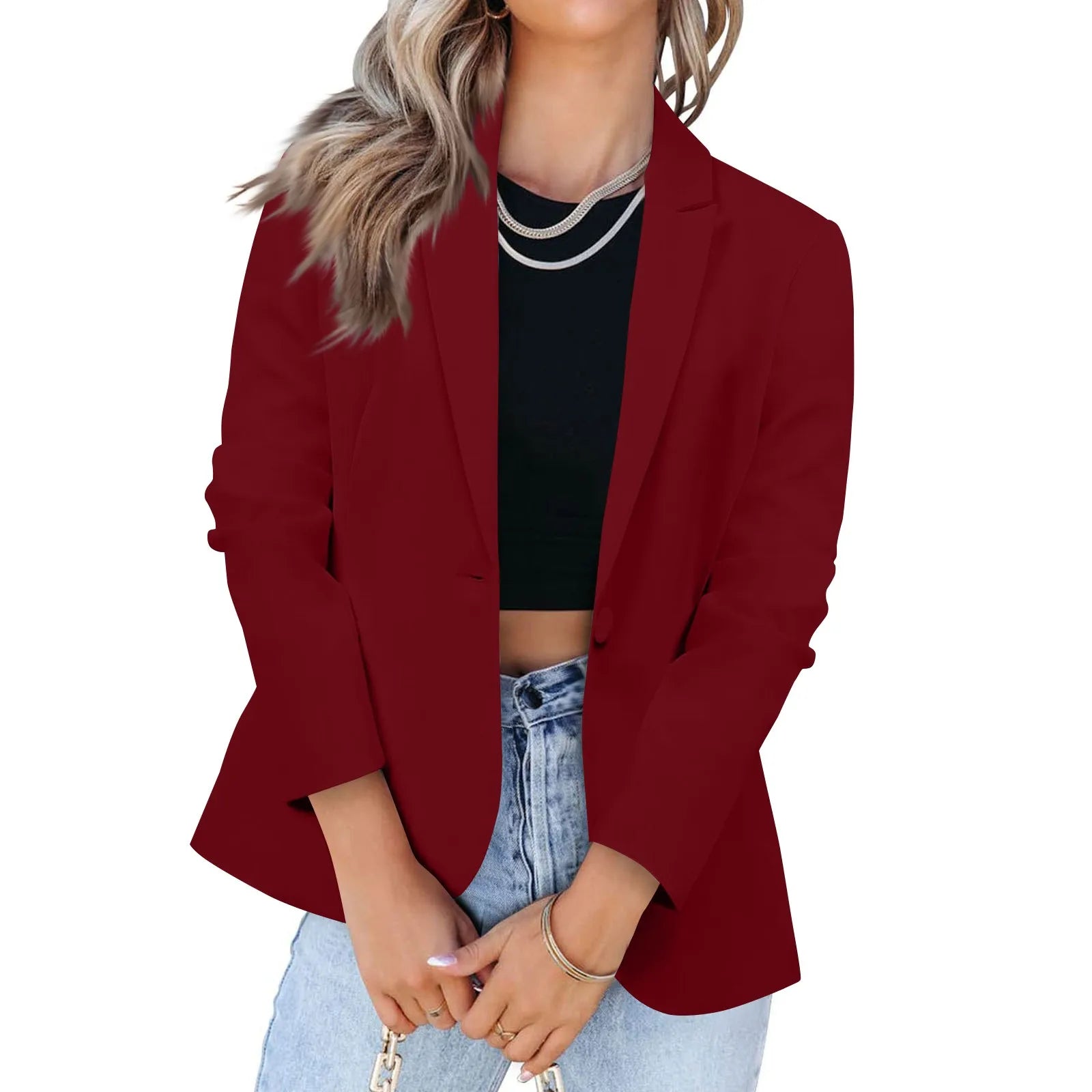 Casual Suit Jacket for Women Fashion Solid Color Long-sleeved Suit Collar Blazer Business Casual Single-button Cardigan Jacket