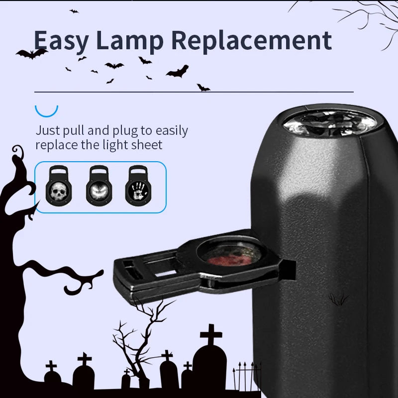 Halloween USB Projector Light Skull NightLight Ghost LED Lamp 360Degree Rotating Switchable Pattern Design Dark & Night Ambiance