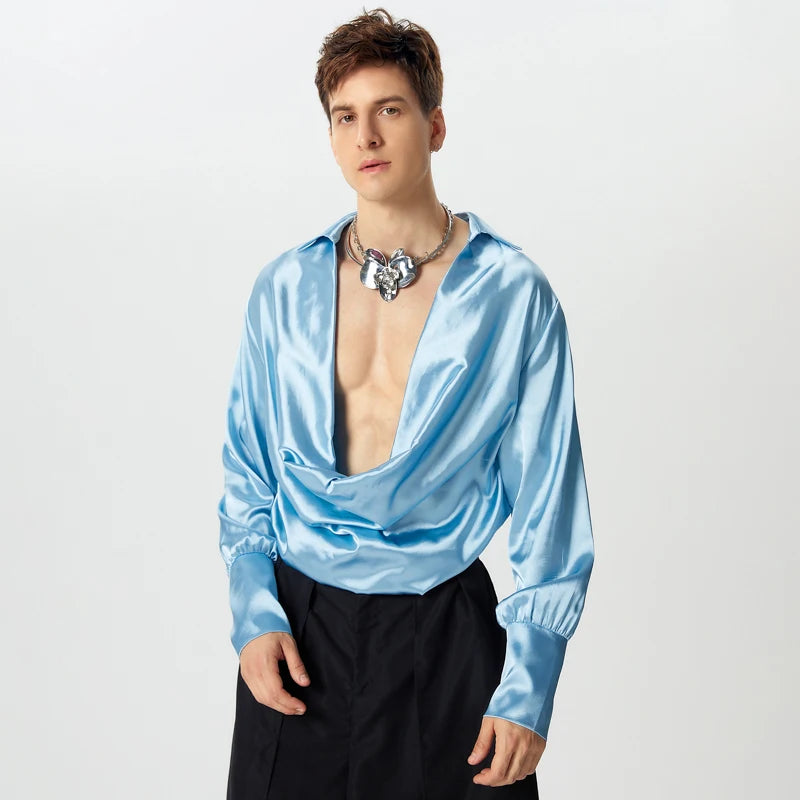 Men Shirts Casual Stylish Style Tops INCERUN Men's Shirts Sexy Male Solid Color V Neck Long Sleeve Fashion Men Clothing 2025