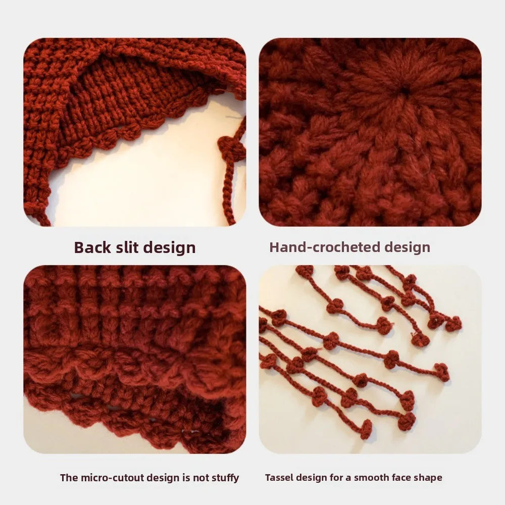 Winter Travel Red Hollow Knit Beanie with Tassel Tie Fashion Hat for Women Cold Weather Accessory