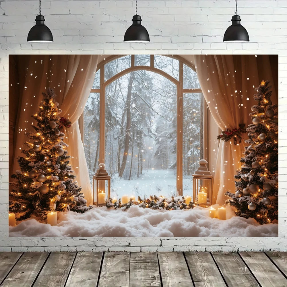 Christmas Decorations Backgrounds for Photographs White Curtain Window Xmas Tree Indoor Decor Family Portrait Photo Backdrops