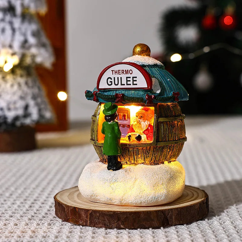 Christmas Decorations Resin Miniature LED Lights Small House Landscape Santa Claus Christmas Figurines Home Table Decor Items
