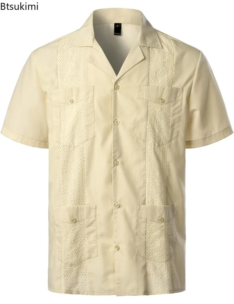 Summer New Mens' Shirts Multi-pockets Lapel Short Sleeve Single Breasted Cardigan Male Casual Beach Shirts Traditional Costumes