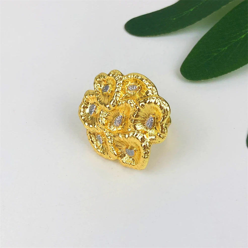 Two Tone Jewelry Set Africal Dubai Women Necklace Wide Bracelet Earrings Ring For Bridal Wedding Jewellery Gifts