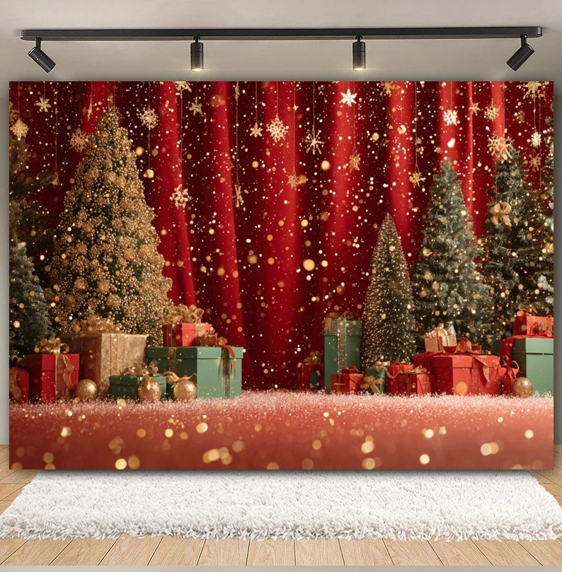 Christmas Day Decor Backdrop for Photography Xmas Tree Red Room Wall Glitter Gift Family Holiday Portrait Decor Photo Background