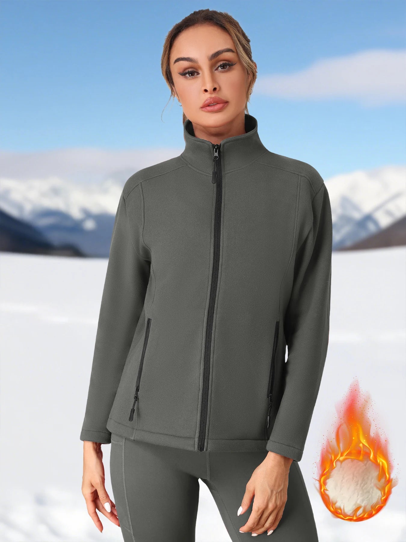 Fleece Jacket for Women Full Zip Solid Color Pullover with Two Utility Pockets Autumn Winter Warm Thick Coat Slim Soft Jacket