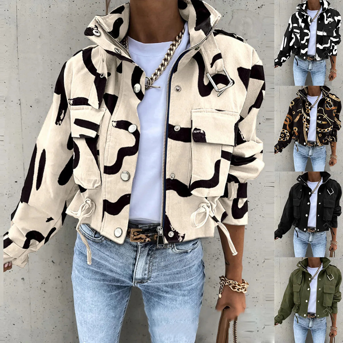 Jackets Women Coats Stand Collar Coat Zipper Print Y2k Tops Streetwear Casual Outerwear Single Breasted Spring Work Jacket