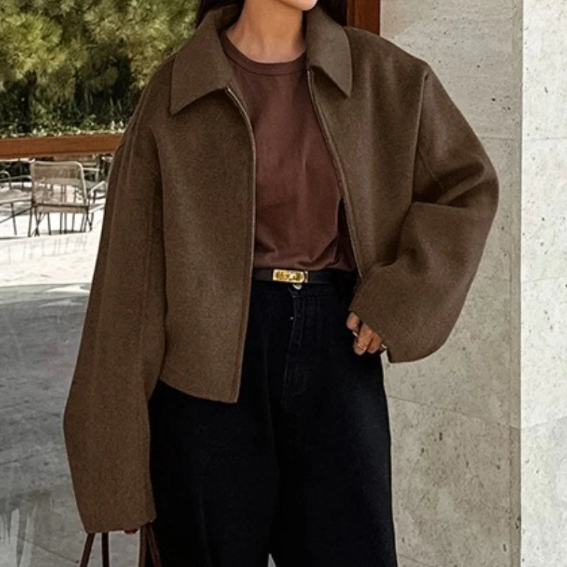 Women's Brown Wool Zipper Jacket for Autumn and Winter-Longsleeved Lapel Short Coat-Fashionable Casual Street Commuter Outerwear