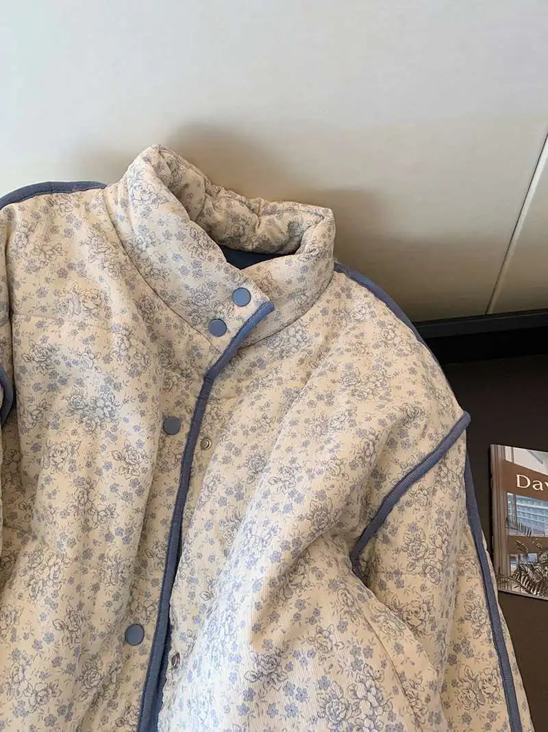 Winter Padded Jacket Women Floral Corduroy Female Loose Cotton Padded Coat Thick Casual Puffer Jacket Outwear Top Women Clothing