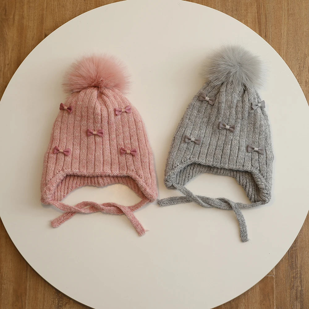 Winter Baby Girls Hat Double-Layer Cute Bows Knitted Hats Ear Protection Warm Beanie Big Pompom Kids Accessories 2-6 Years Old