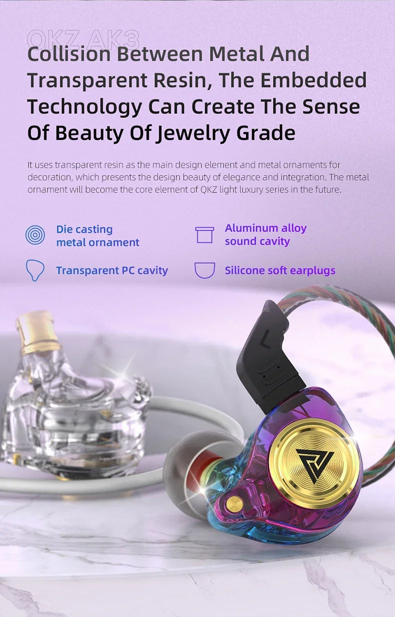 QKZ AK3 FiLe Wired Earphone with Microphone HiFi Music Monitor Bass Headphones Noise Cancelling Headset For Sport Gaming Earbuds