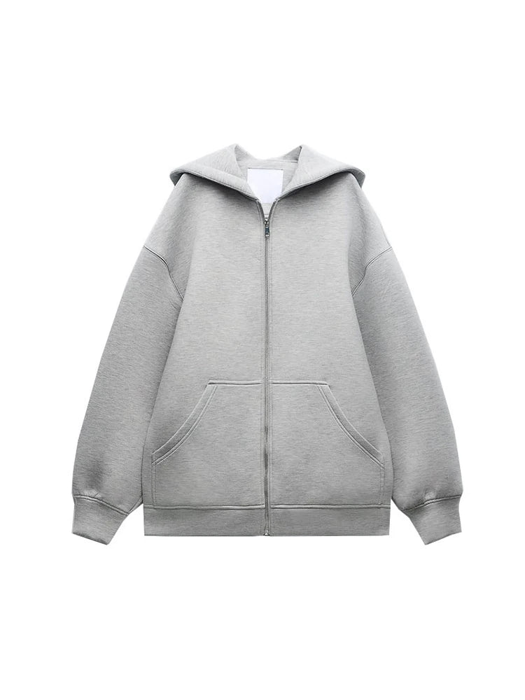 Women's Fashion Warm Hooded Jacket Fall and Winter Gray Long Sleeve Pocket Zipper Jacket Commuter Casual Women Jacket