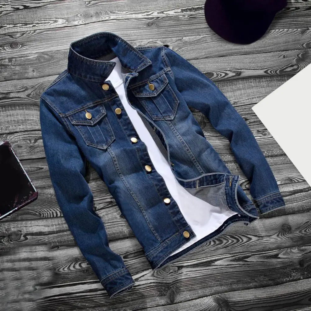 Men Jeans Jacket  Stylish Pure Color Slim Fit Jeans Jacket  Vintage Men Denim Jacket