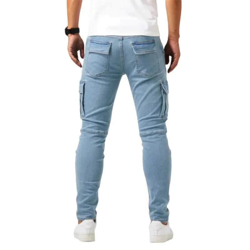 Men Elastic Skinny Jeans Soild Denim Pants Slim Fit Casual Jeans Multi Pocket Cargo Pants Fashion Casual Trousers Man Clothing