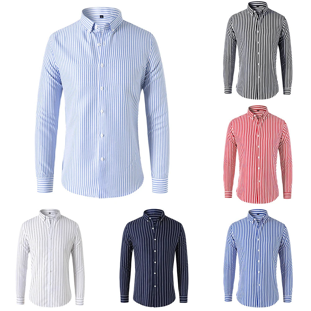 Fashion Men's Shirts And Blouses Striped Long Sleeve Single Breasted Slim Tops Lapel Party Social Shirt Clothing For Men