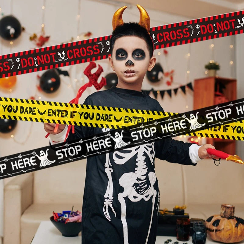 Halloween Party Decoration Supplies - Warning Tape Signs + Window Prop, Danger Warning Line Horror Props