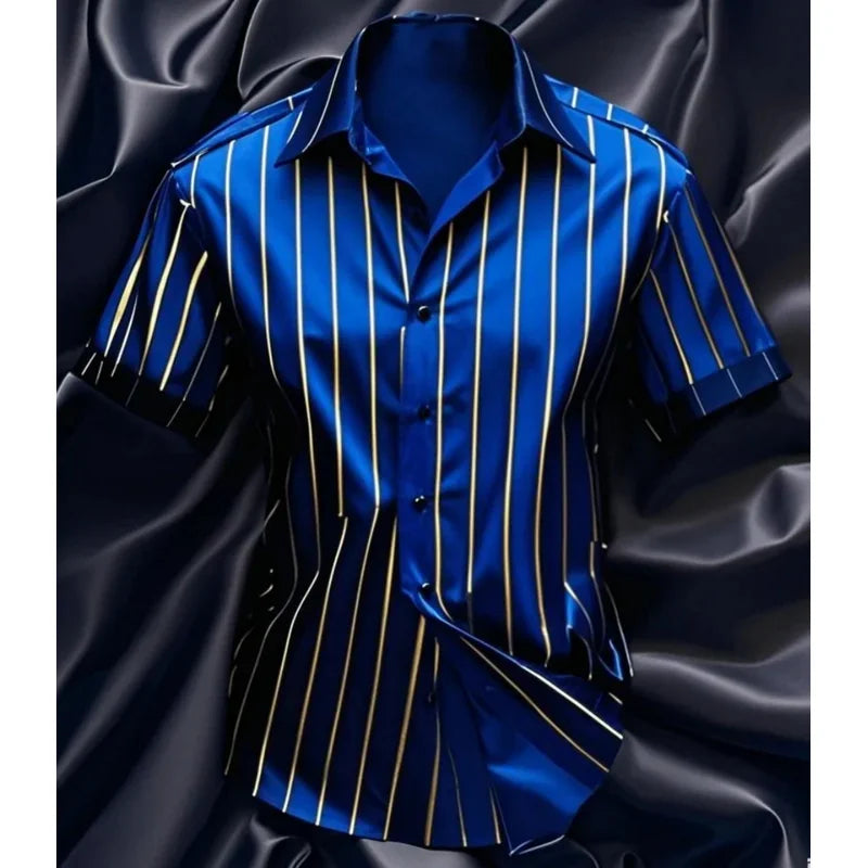 Men's fashion striped shirt, elegant casual comfortable breathable, short sleeves, lapel buttons, soft and comfortable material