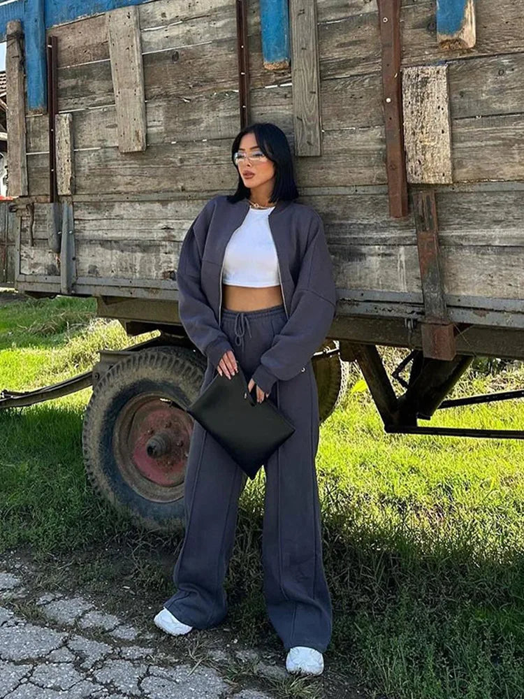 Women Sweatsuit Set Vintage O-neck Zipper Bomber Jackets High Waist Loose Pants Suit Female 2025 Spring Fashion Lady Sportswear